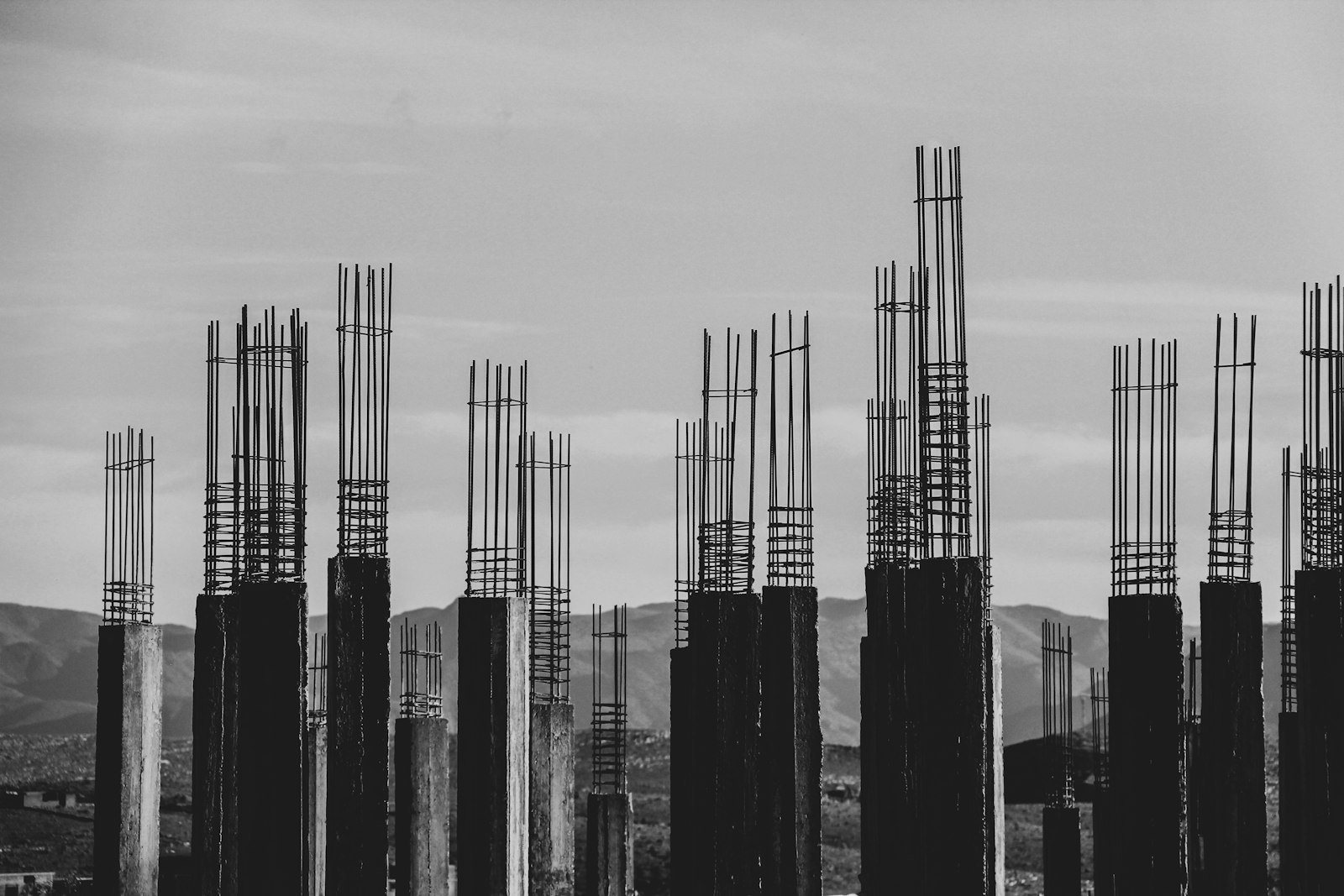 Poteaux en béton armé en attente, en noir et blanc